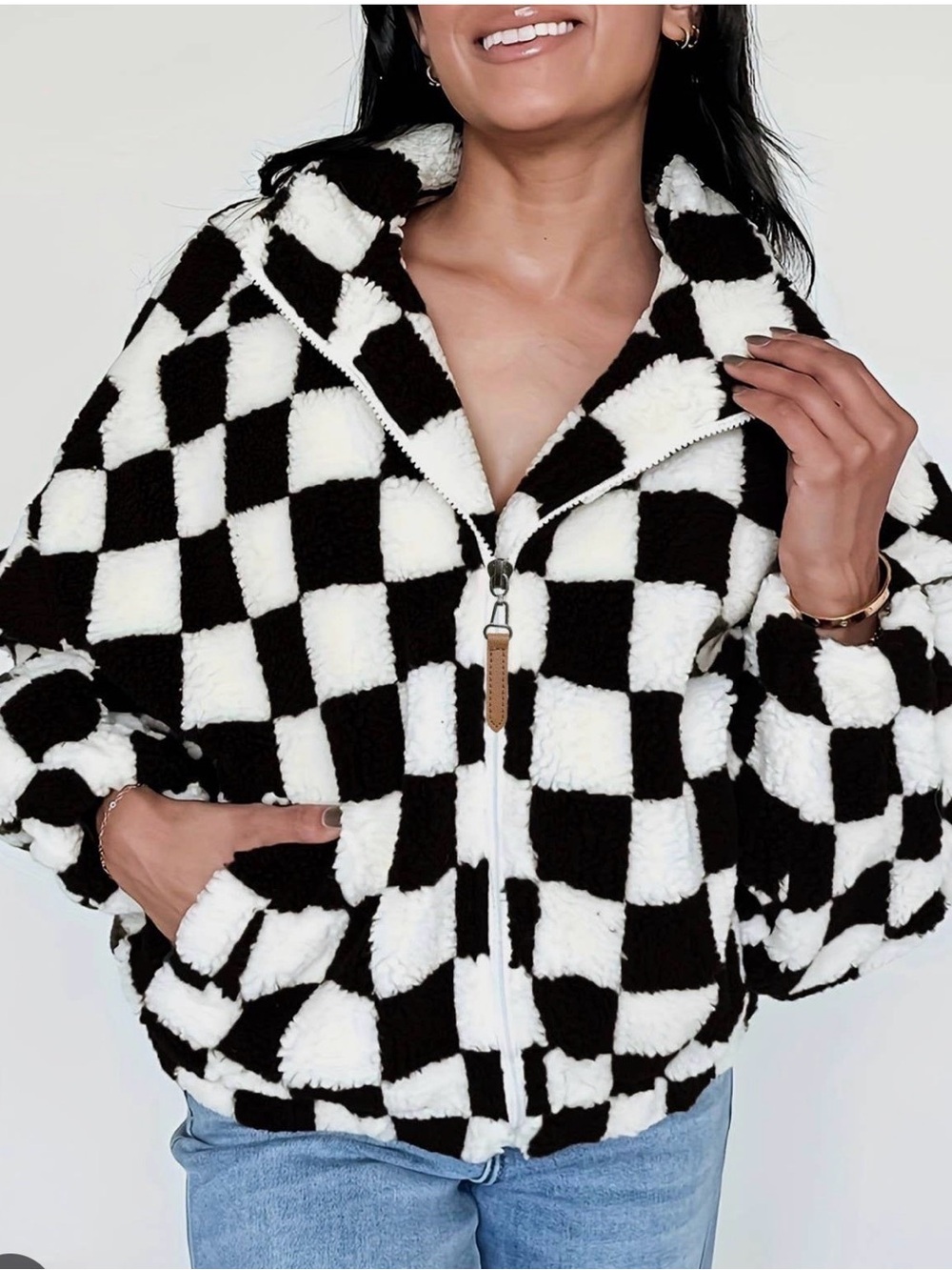 Rosa Clothing Checker Pattern Drop Shoulder Teddy Sherpa Jacket New